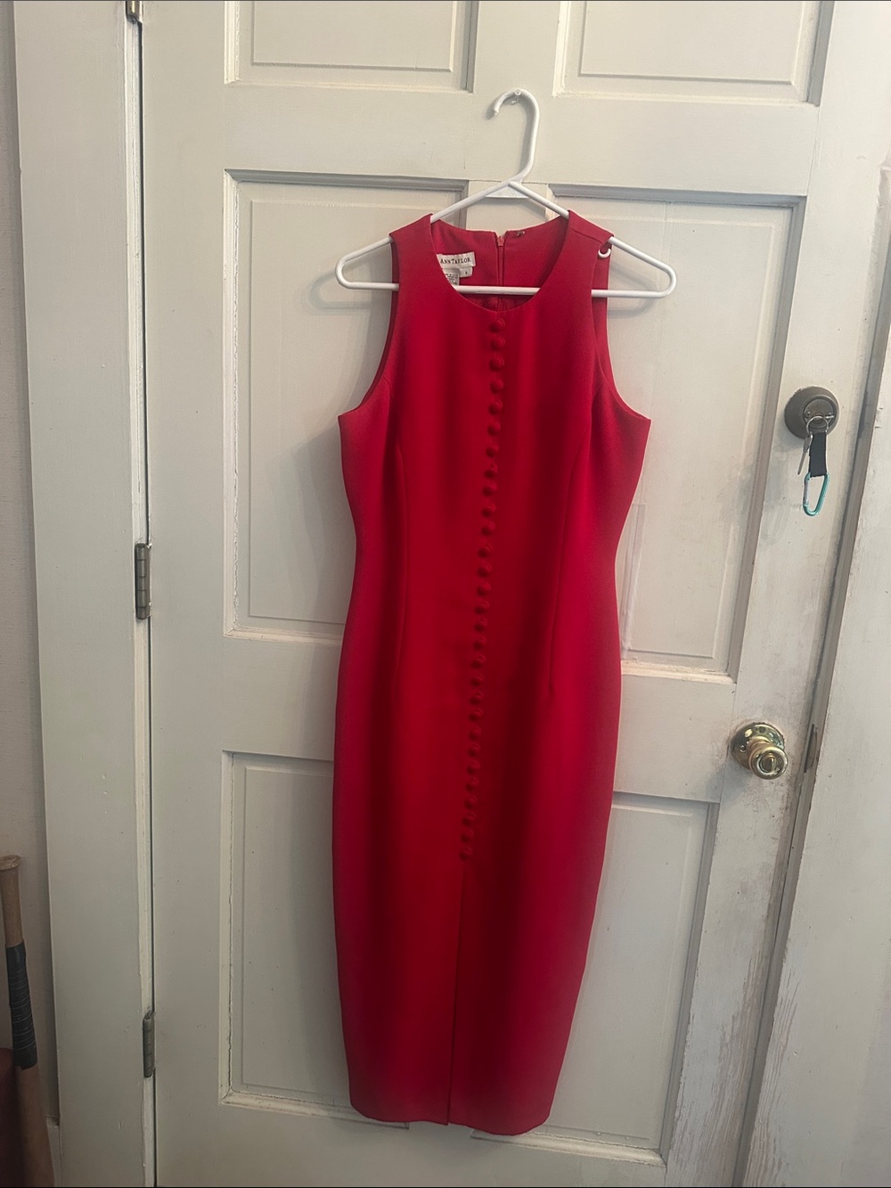 Ann Taylor Vibrant Red Midi Sheath Dress with Covered Buttons